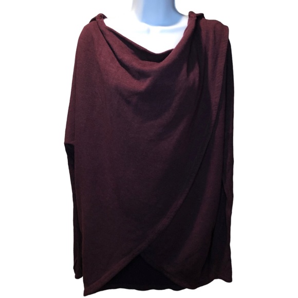 Athleta Tunic Length Hooded Faux Wrap Sweater in Maroon Cowl Neck Tight Knit - Picture 11 of 15